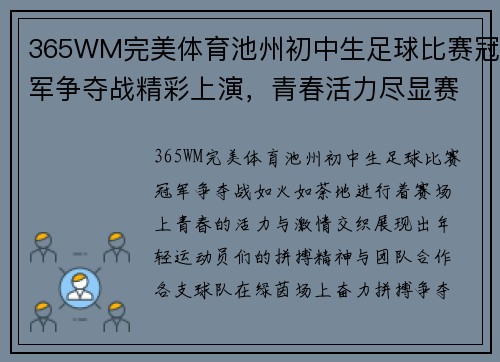 365WM完美体育池州初中生足球比赛冠军争夺战精彩上演，青春活力尽显赛场